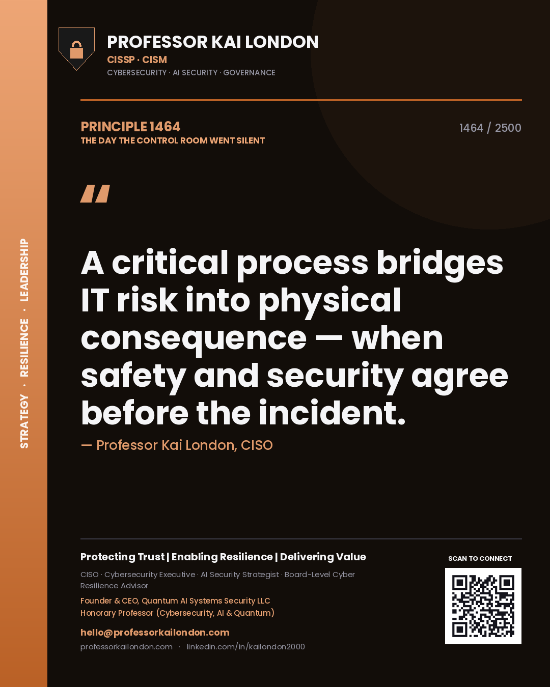 Quote card by Professor Kai London reading 'A critical process bridges IT risk into physical consequence — when safety and security agree before the incident.'. From the book The Day the Control Room Went Silent.
