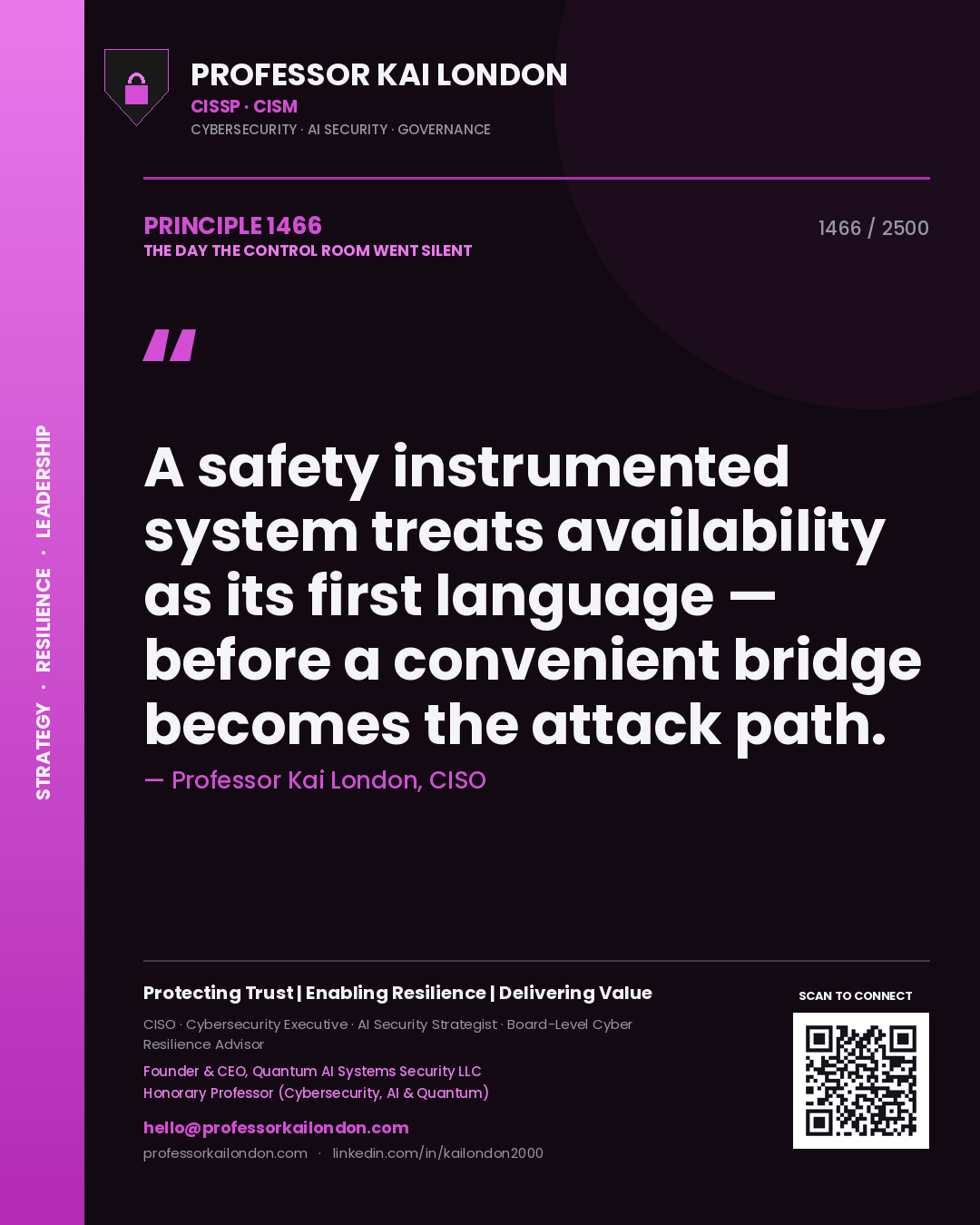 Quote card by Professor Kai London reading 'A safety instrumented system treats availability as its first language — before a convenient bridge becomes the attack path.'. From the book The Day the Control Room Went Silent.
