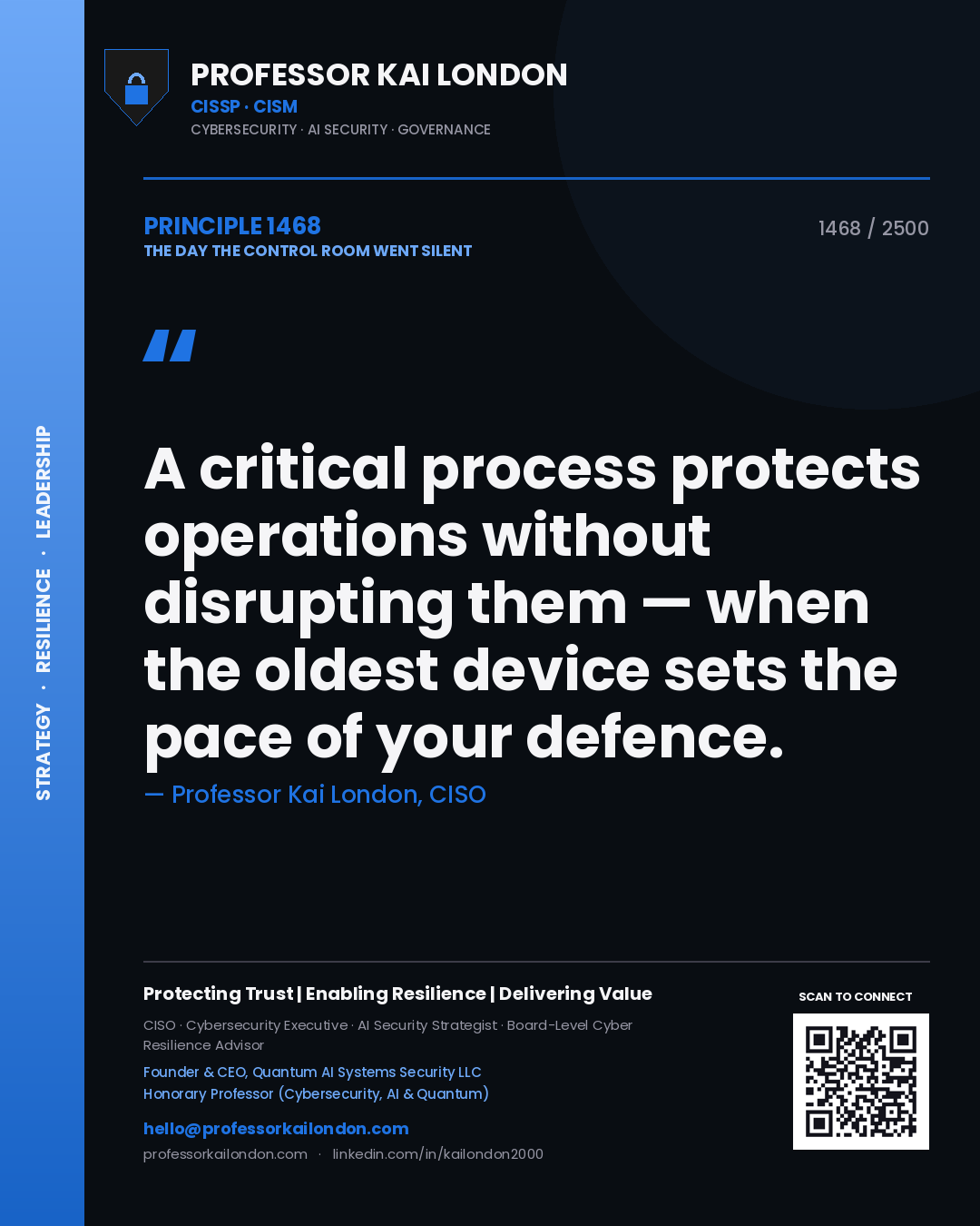 Quote card by Professor Kai London reading 'A critical process protects operations without disrupting them — when the oldest device sets the pace of your defence.'. From the book The Day the Control Room Went Silent.
