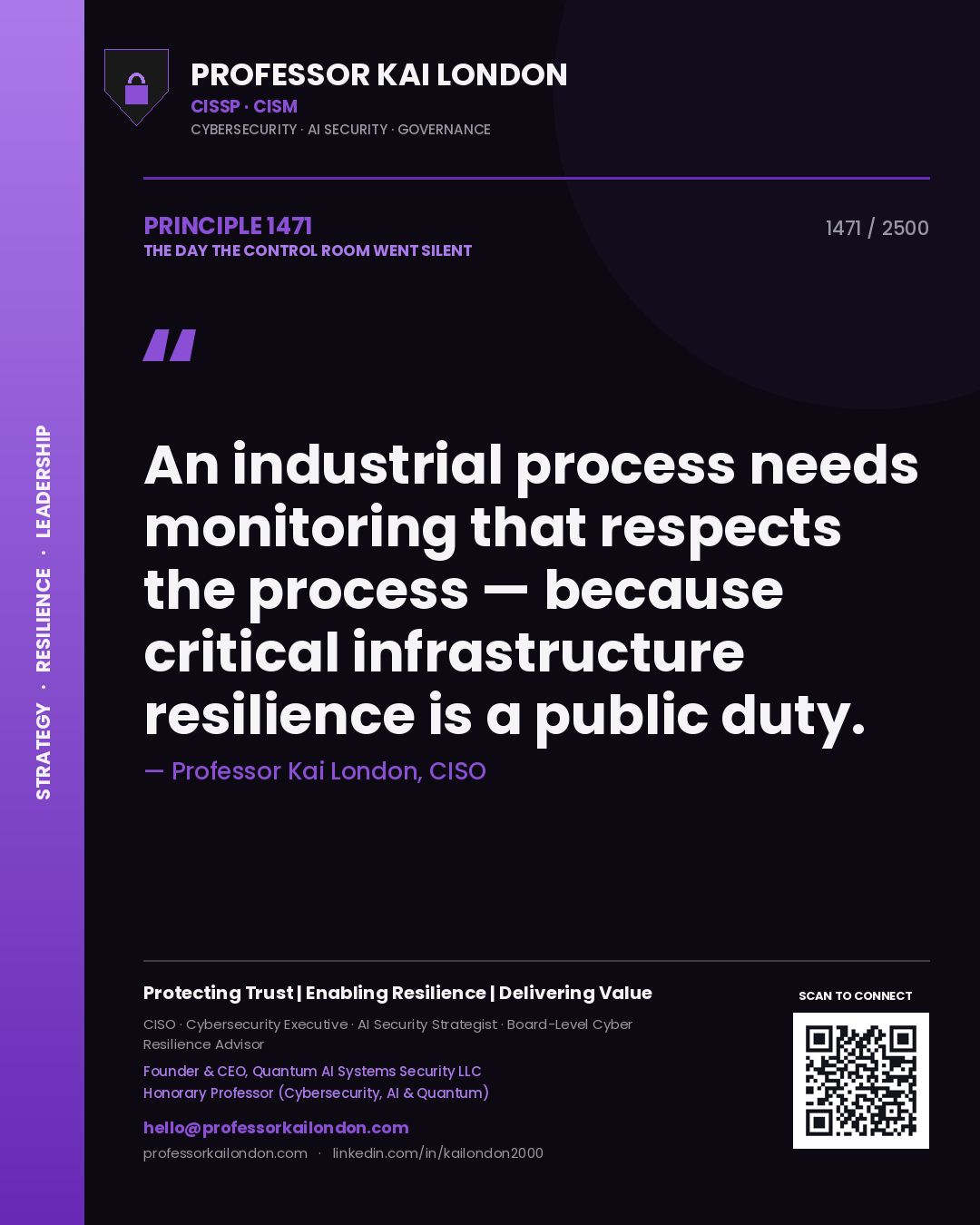 Quote card by Professor Kai London reading 'An industrial process needs monitoring that respects the process — because critical infrastructure resilience is a public duty.'. From the book The Day the Control Room Went Silent.