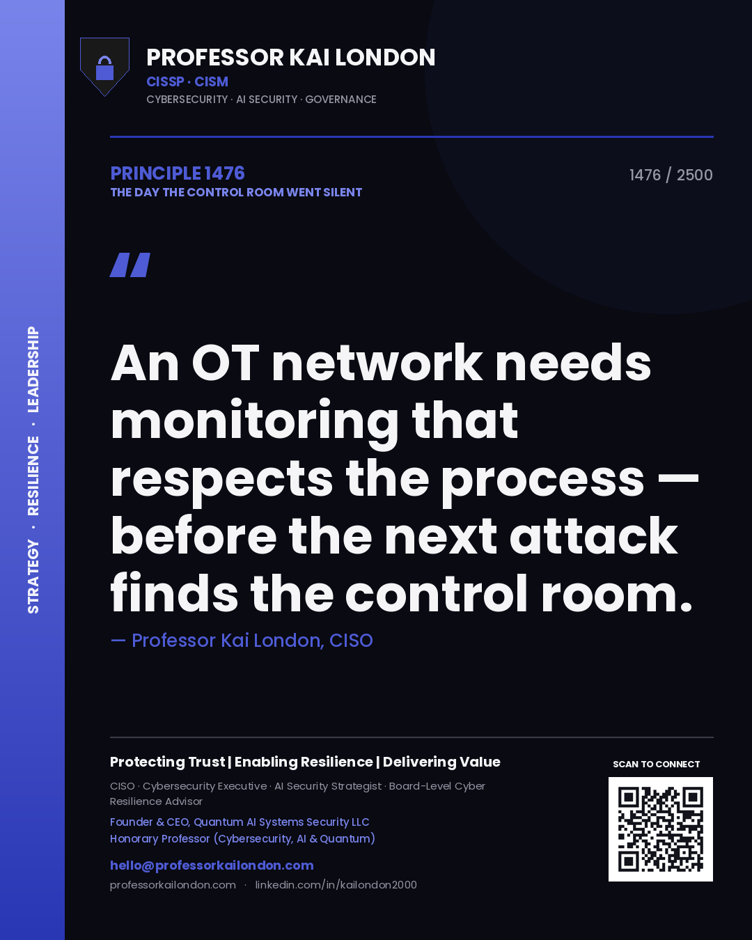 Quote card by Professor Kai London reading 'An OT network needs monitoring that respects the process — before the next attack finds the control room.'. From the book The Day the Control Room Went Silent.