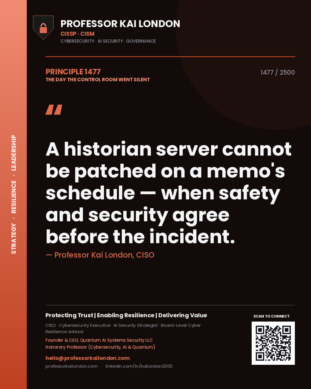 Quote card by Professor Kai London reading 'A historian server cannot be patched on a memo's schedule — when safety and security agree before the incident.'. From the book The Day the Control Room Went Silent.