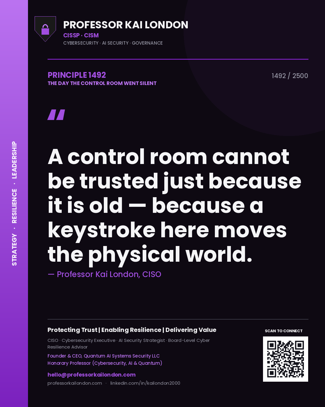 Quote card by Professor Kai London reading 'A control room cannot be trusted just because it is old — because a keystroke here moves the physical world.'. From the book The Day the Control Room Went Silent.