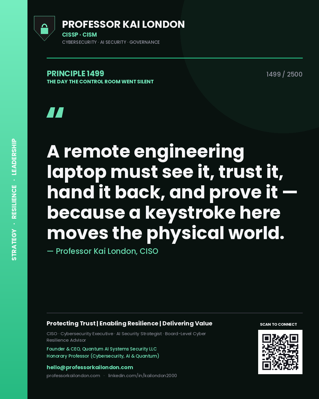 Quote card by Professor Kai London reading 'A remote engineering laptop must see it, trust it, hand it back, and prove it — because a keystroke here moves the physical world.'. From the book The Day the Control Room Went Silent.