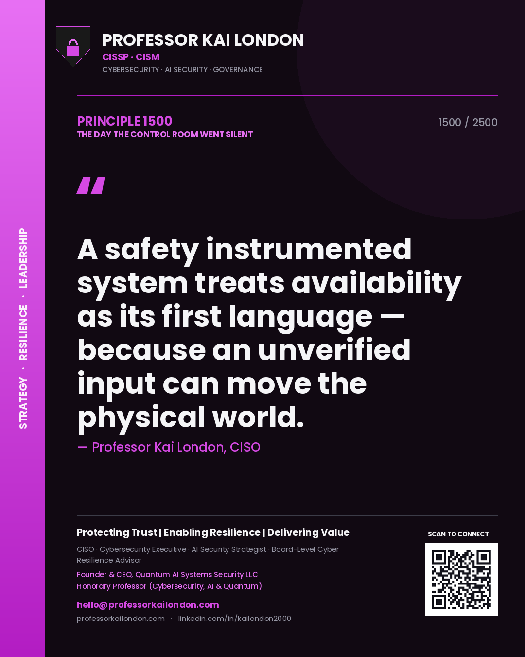 Quote card by Professor Kai London reading 'A safety instrumented system treats availability as its first language — because an unverified input can move the physical world.'. From the book The Day the Control Room Went Silent.