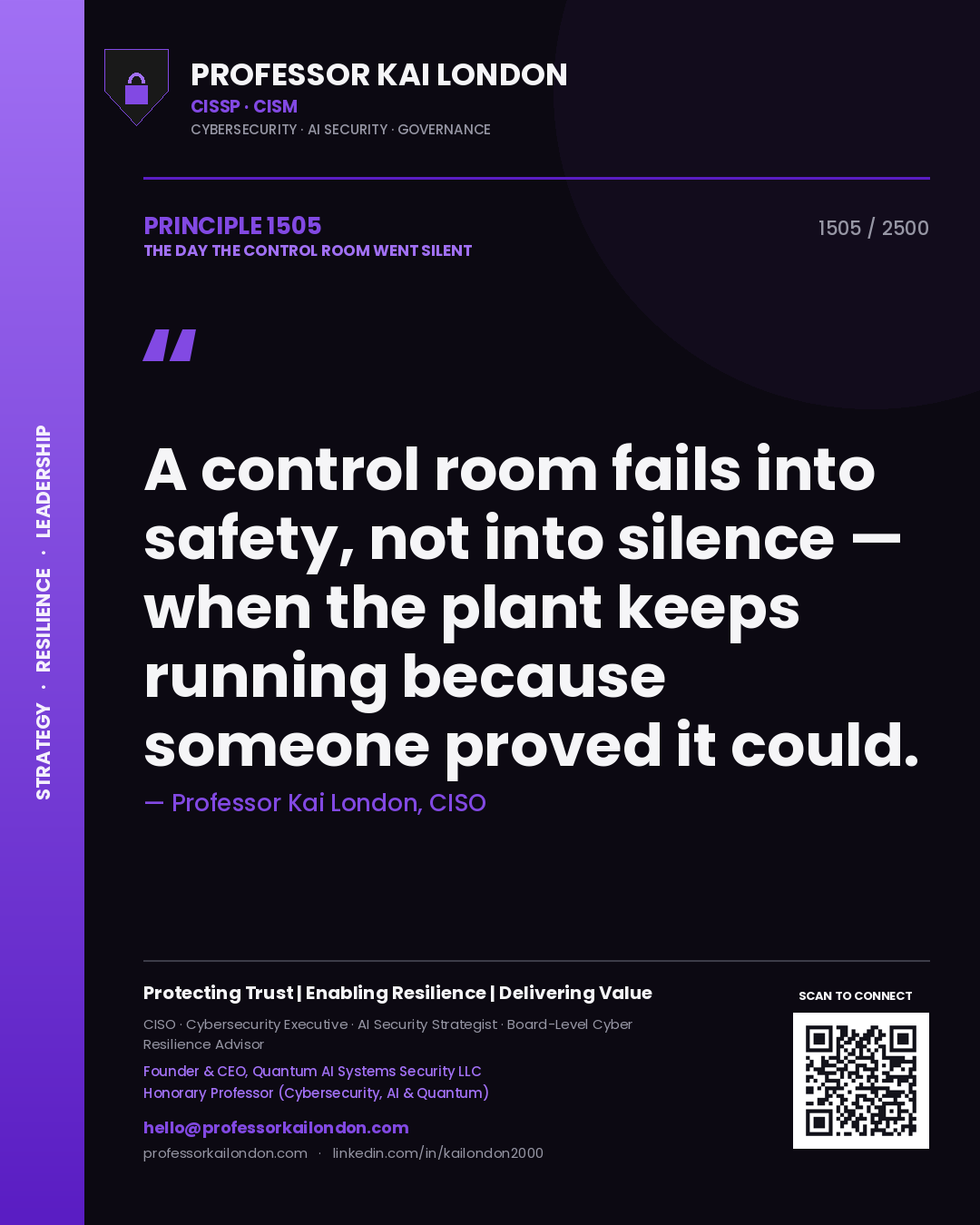 Quote card by Professor Kai London reading 'A control room fails into safety, not into silence — when the plant keeps running because someone proved it could.'. From the book The Day the Control Room Went Silent.