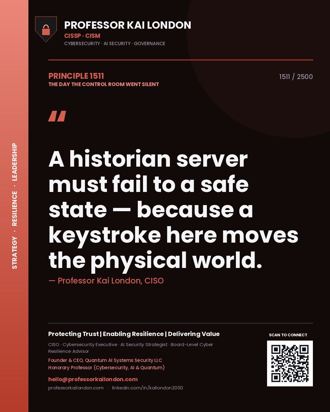 Quote card by Professor Kai London reading 'A historian server must fail to a safe state — because a keystroke here moves the physical world.'. From the book The Day the Control Room Went Silent.