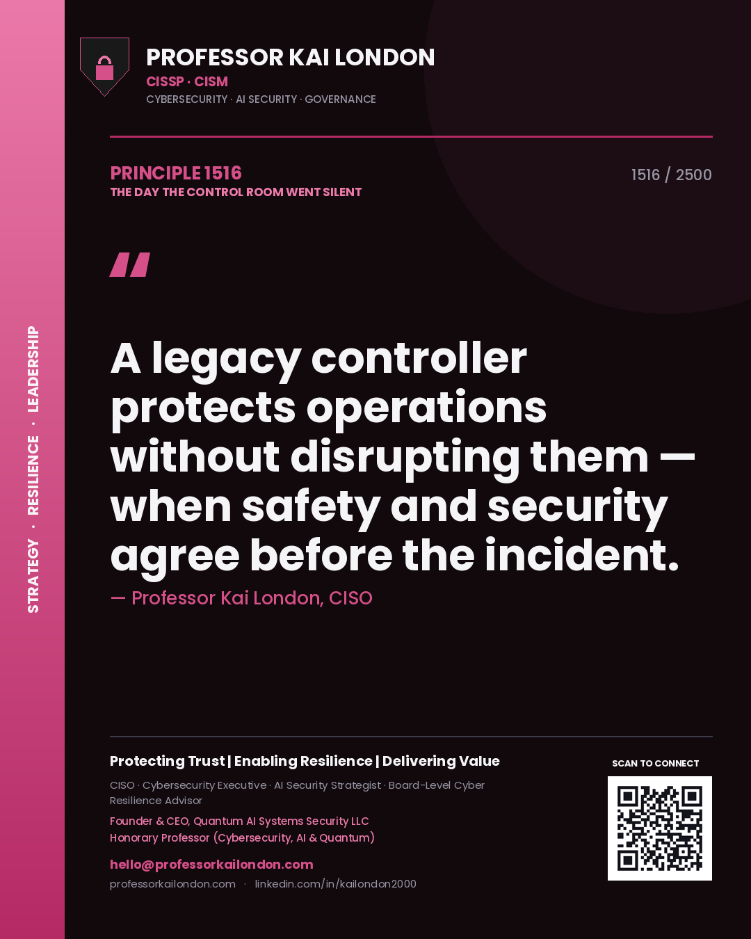 Quote card by Professor Kai London reading 'A legacy controller protects operations without disrupting them — when safety and security agree before the incident.'. From the book The Day the Control Room Went Silent.
