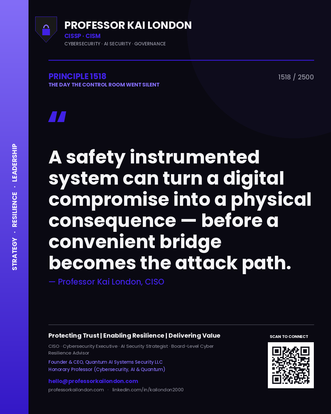Quote card by Professor Kai London reading 'A safety instrumented system can turn a digital compromise into a physical consequence — before a convenient bridge becomes the attack path.'. From the book The Day the Control Room Went Silent.