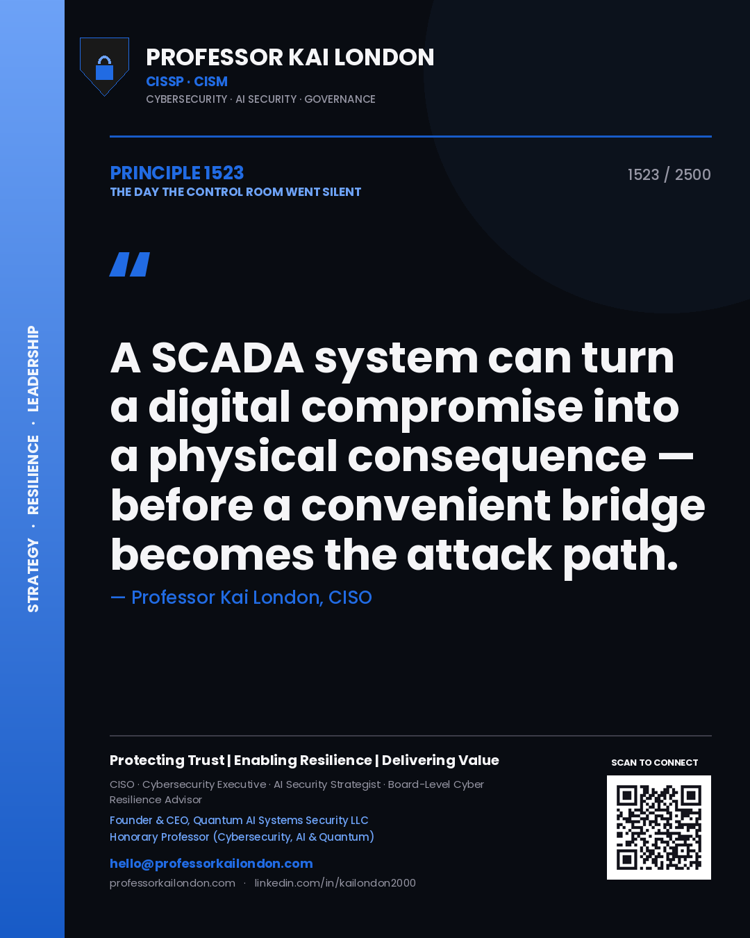 Quote card by Professor Kai London reading 'A SCADA system can turn a digital compromise into a physical consequence — before a convenient bridge becomes the attack path.'. From the book The Day the Control Room Went Silent.