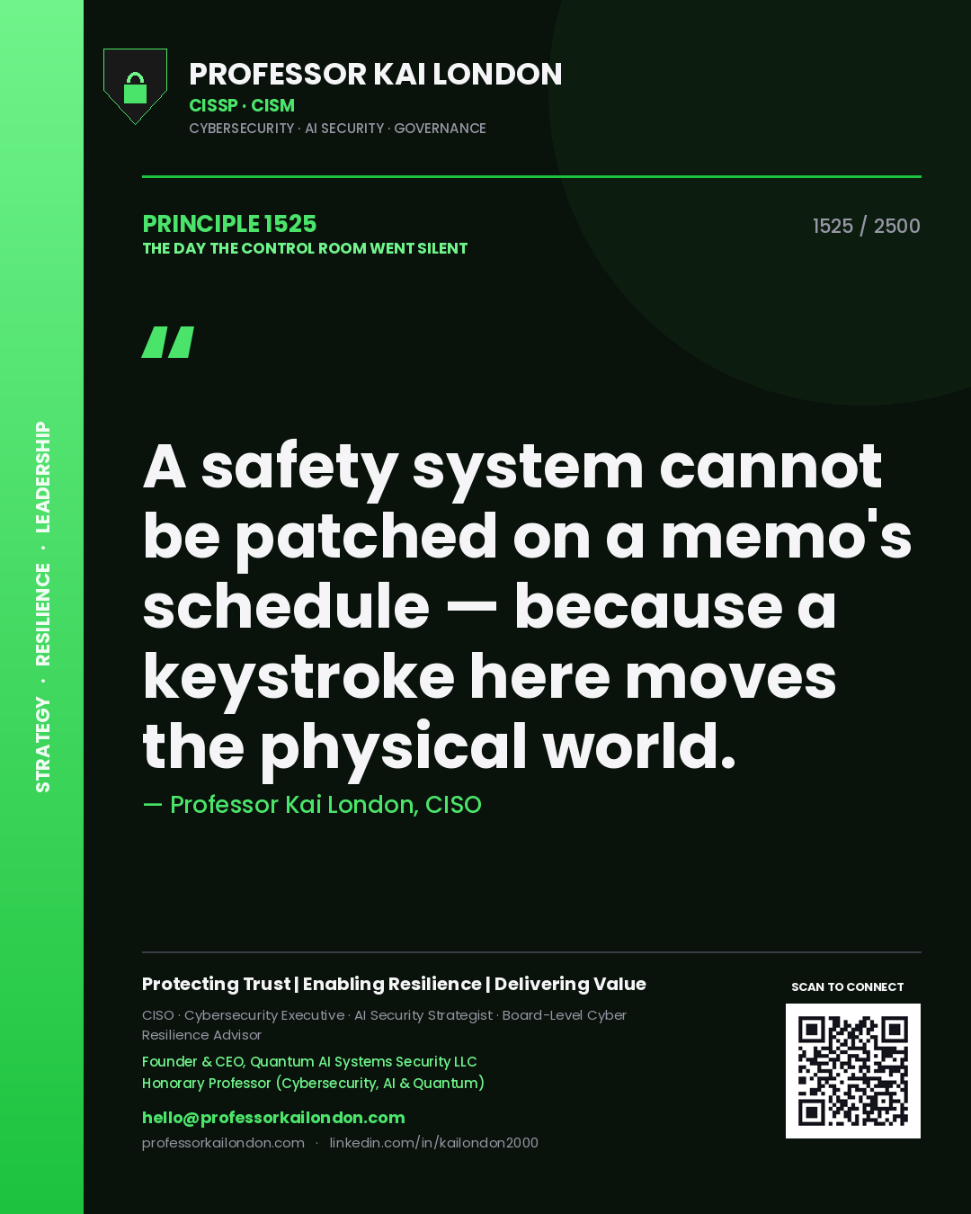 Quote card by Professor Kai London reading 'A safety system cannot be patched on a memo's schedule — because a keystroke here moves the physical world.'. From the book The Day the Control Room Went Silent.