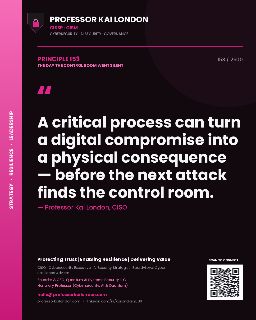 Professor Kai London principle 153: A critical process can turn a digital compromise into a physical consequence — before the next attack finds the control room.