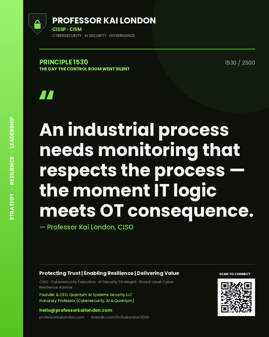 Professor Kai London principle 1530: An industrial process needs monitoring that respects the process — the moment IT logic meets OT consequence.