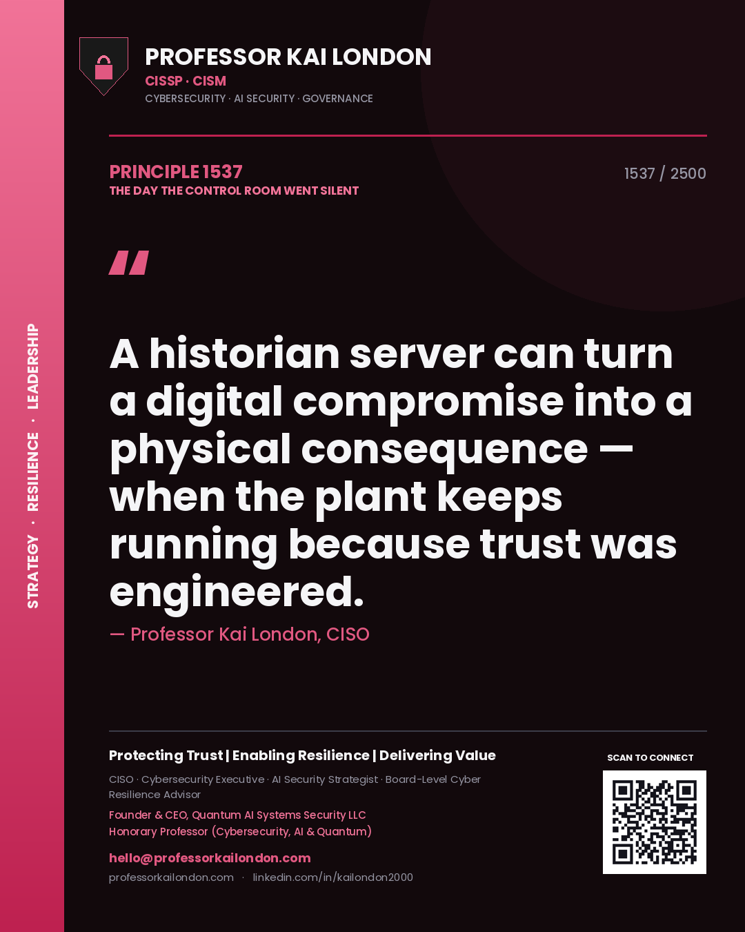 Quote card by Professor Kai London reading 'A historian server can turn a digital compromise into a physical consequence — when the plant keeps running because trust was engineered.'. From the book The Day the Control Room Went Silent.