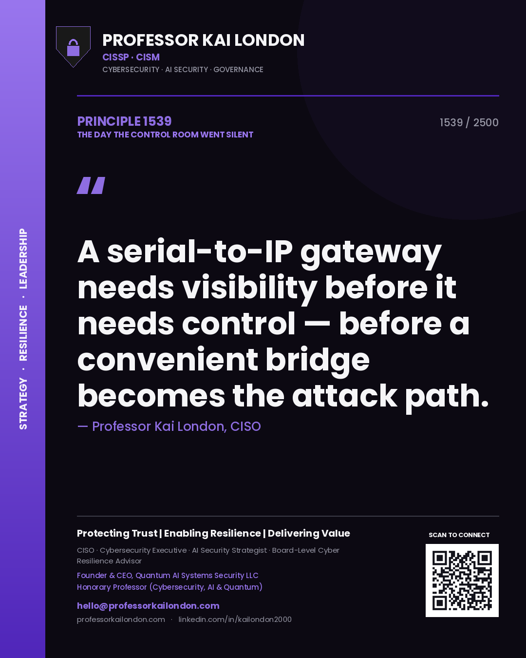 Quote card by Professor Kai London reading 'A serial-to-IP gateway needs visibility before it needs control — before a convenient bridge becomes the attack path.'. From the book The Day the Control Room Went Silent.