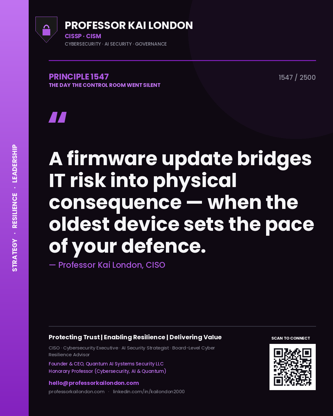 Quote card by Professor Kai London reading 'A firmware update bridges IT risk into physical consequence — when the oldest device sets the pace of your defence.'. From the book The Day the Control Room Went Silent.