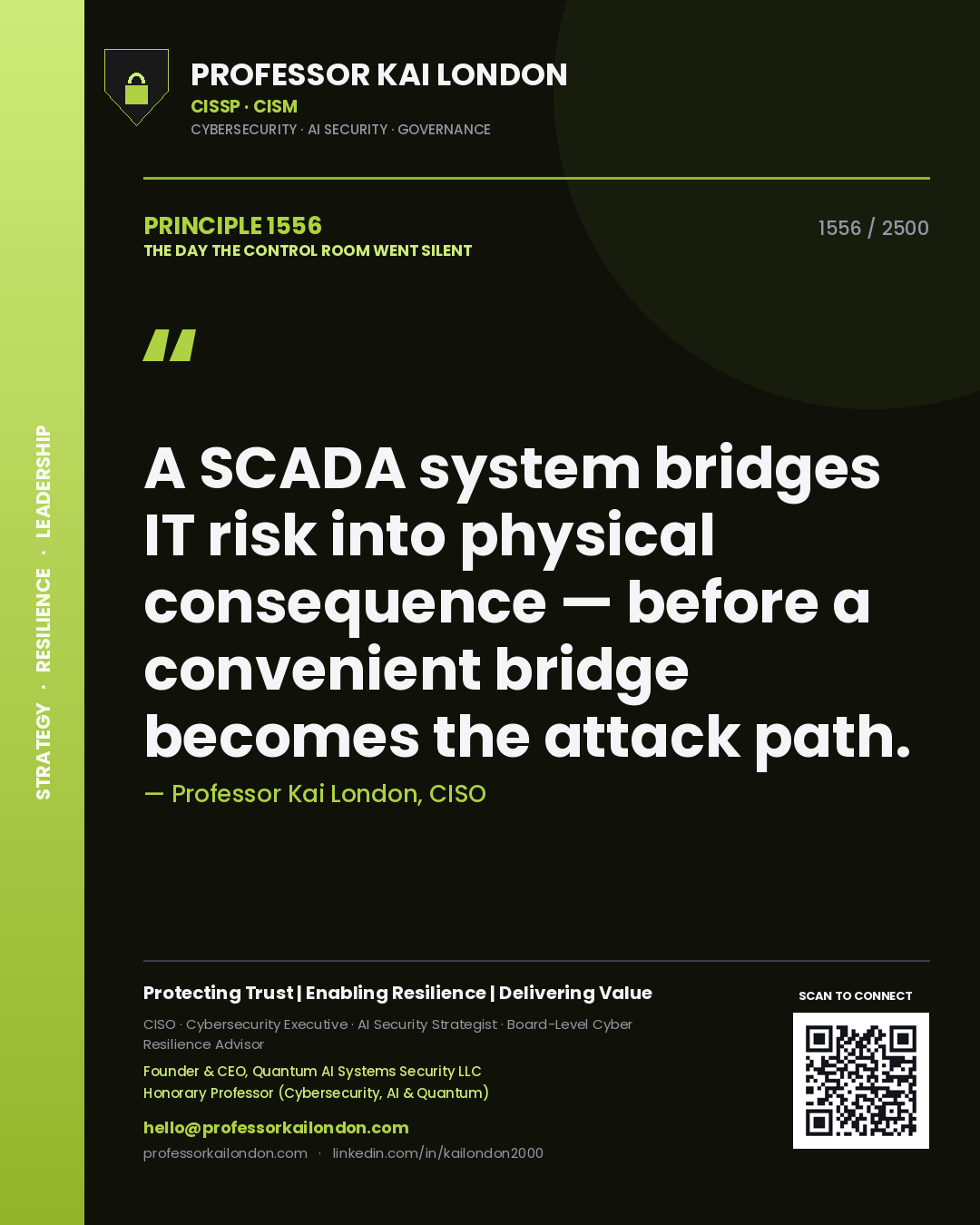 Quote card by Professor Kai London reading 'A SCADA system bridges IT risk into physical consequence — before a convenient bridge becomes the attack path.'. From the book The Day the Control Room Went Silent.