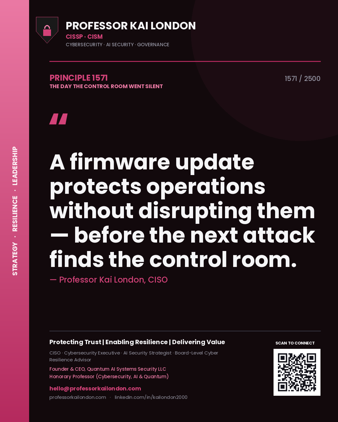 Quote card by Professor Kai London reading 'A firmware update protects operations without disrupting them — before the next attack finds the control room.'. From the book The Day the Control Room Went Silent.