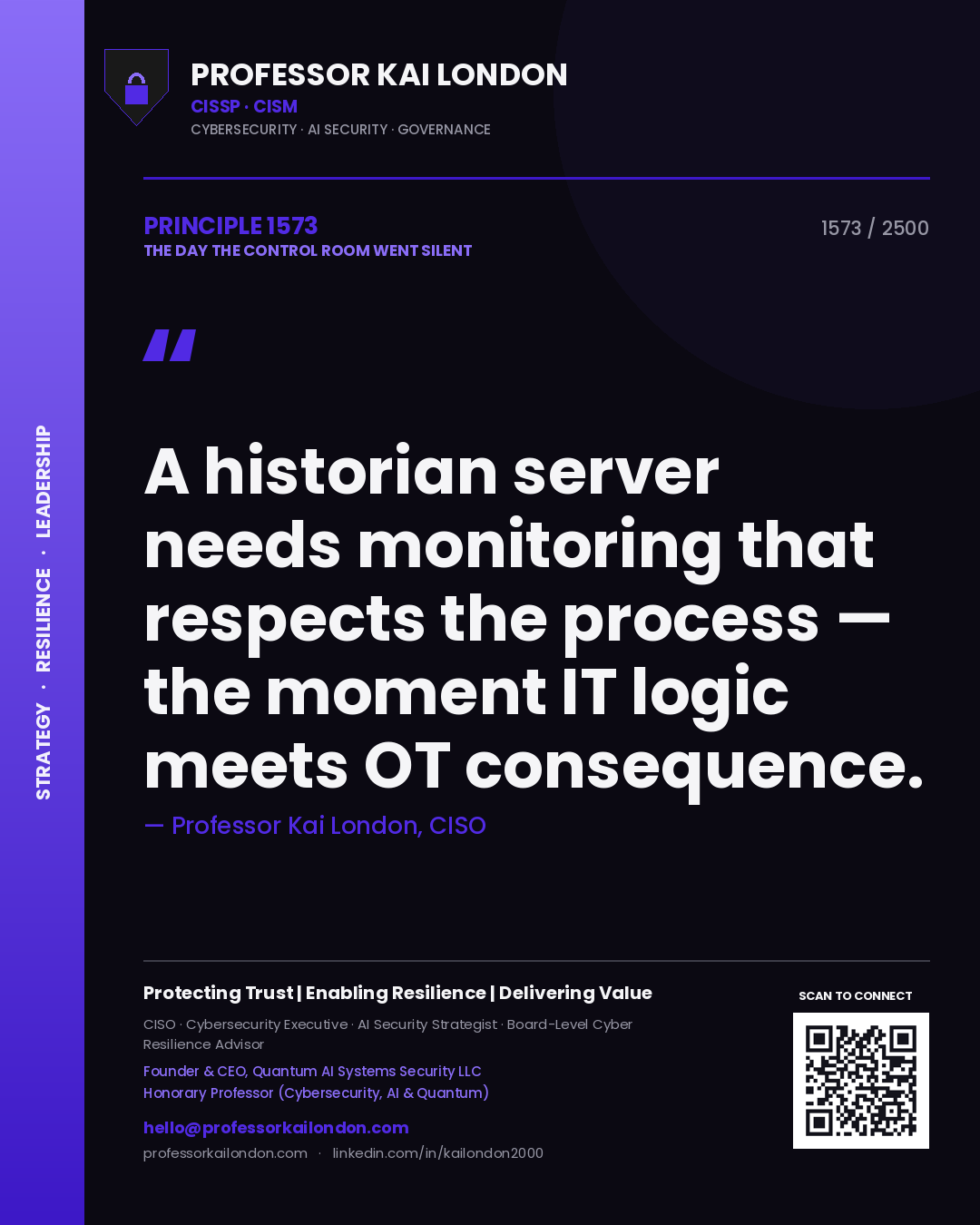Quote card by Professor Kai London reading 'A historian server needs monitoring that respects the process — the moment IT logic meets OT consequence.'. From the book The Day the Control Room Went Silent.