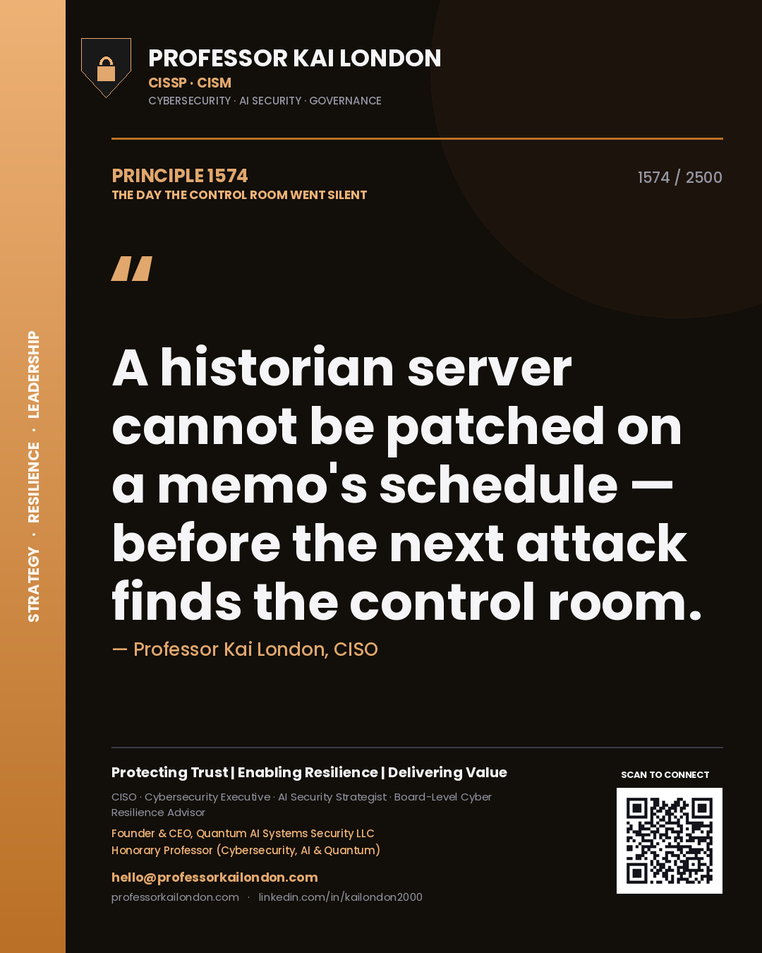 Quote card by Professor Kai London reading 'A historian server cannot be patched on a memo's schedule — before the next attack finds the control room.'. From the book The Day the Control Room Went Silent.