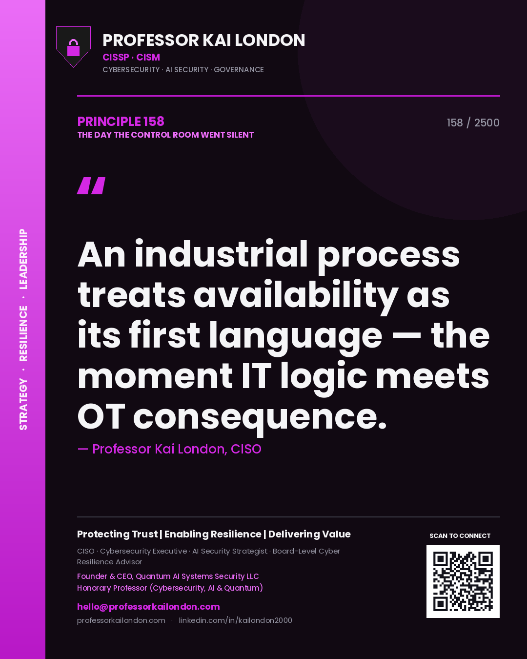 Professor Kai London principle 158: An industrial process treats availability as its first language — the moment IT logic meets OT consequence.