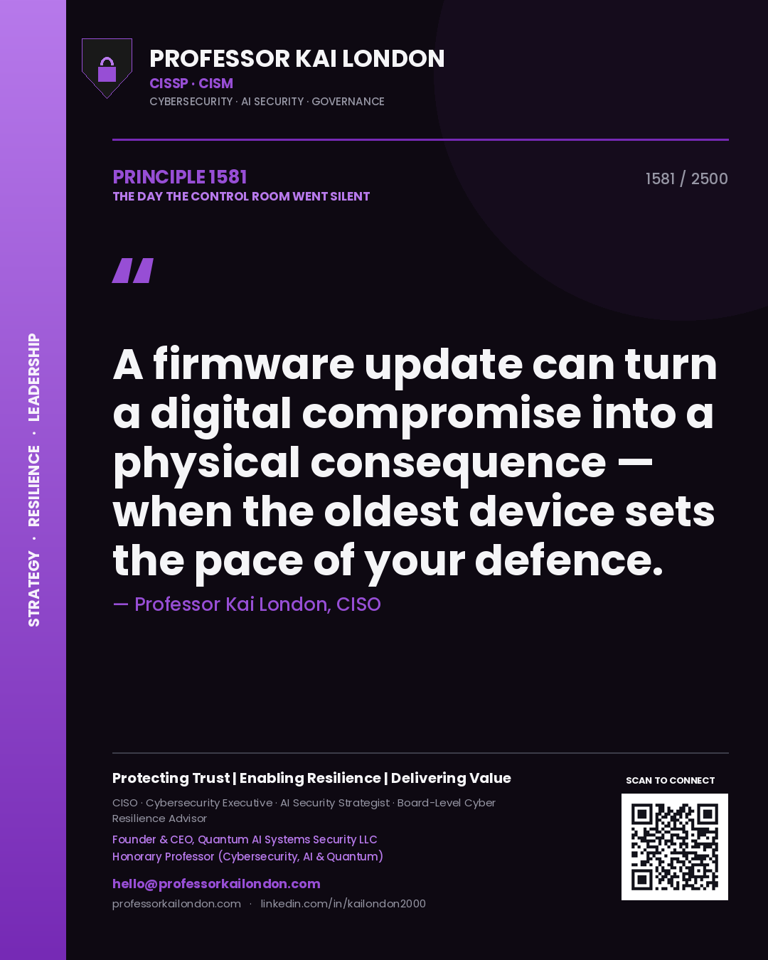 Professor Kai London principle 1581: A firmware update can turn a digital compromise into a physical consequence — when the oldest device sets the pace of your defence.