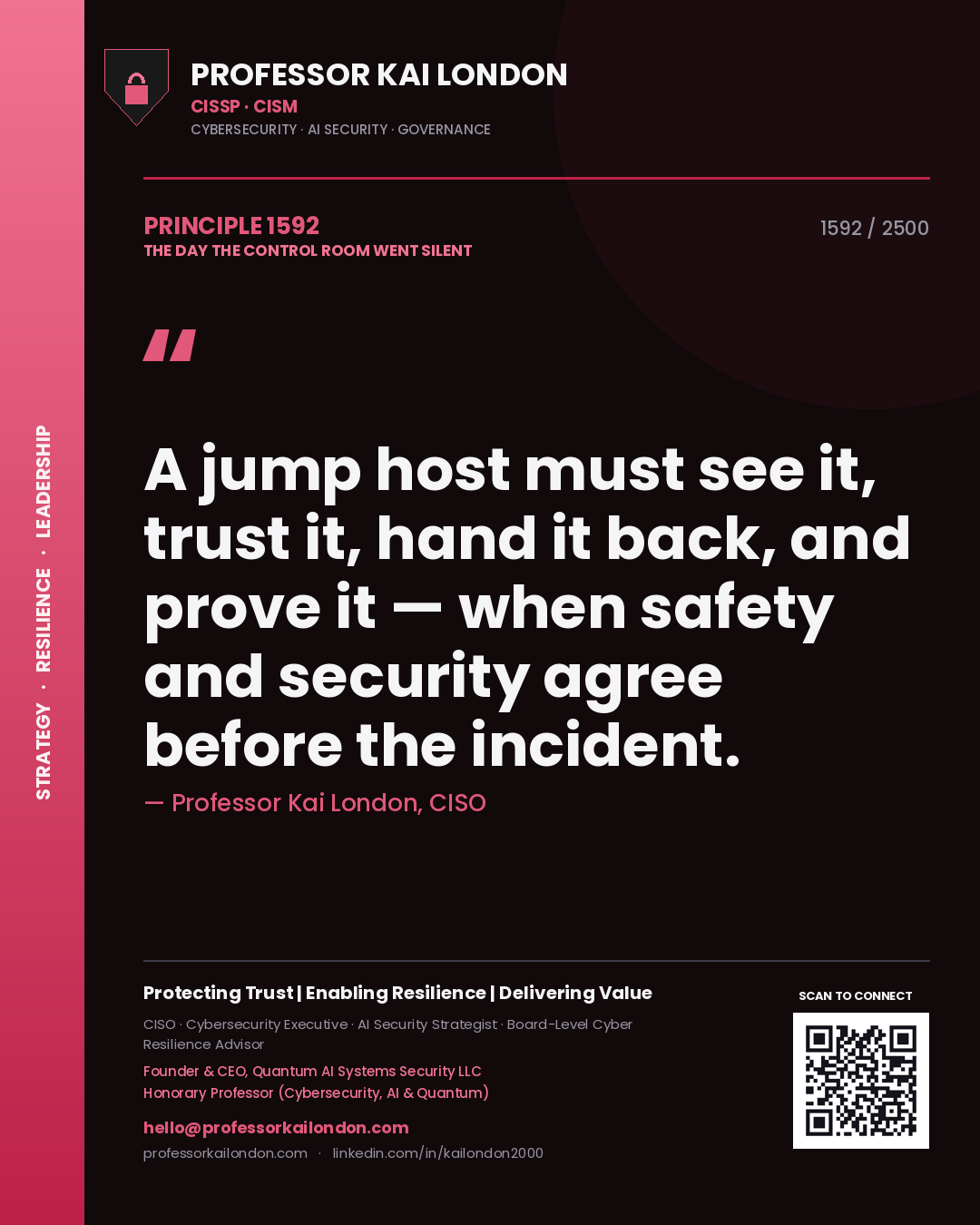 Quote card by Professor Kai London reading 'A jump host must see it, trust it, hand it back, and prove it — when safety and security agree before the incident.'. From the book The Day the Control Room Went Silent.