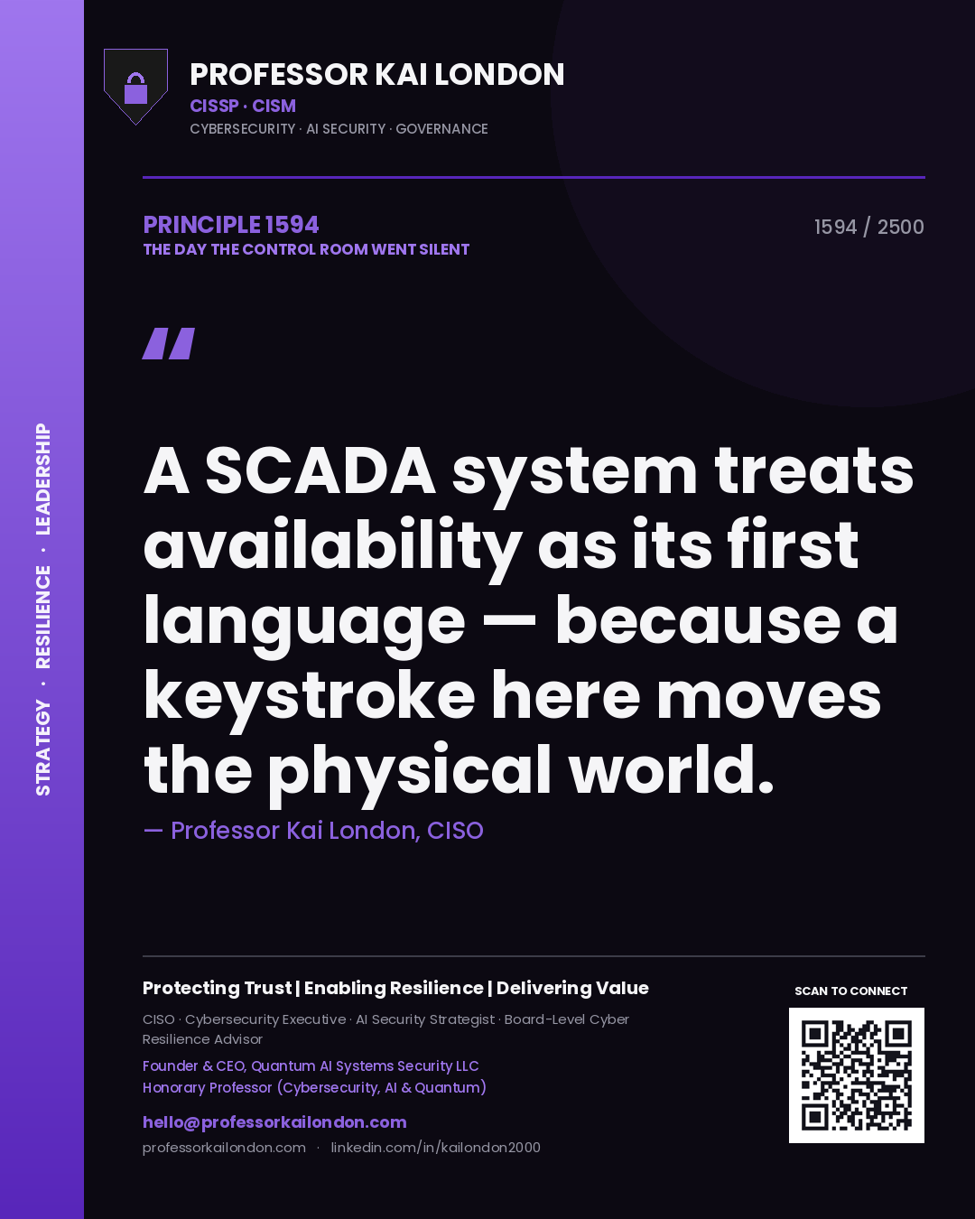 Quote card by Professor Kai London reading 'A SCADA system treats availability as its first language — because a keystroke here moves the physical world.'. From the book The Day the Control Room Went Silent.