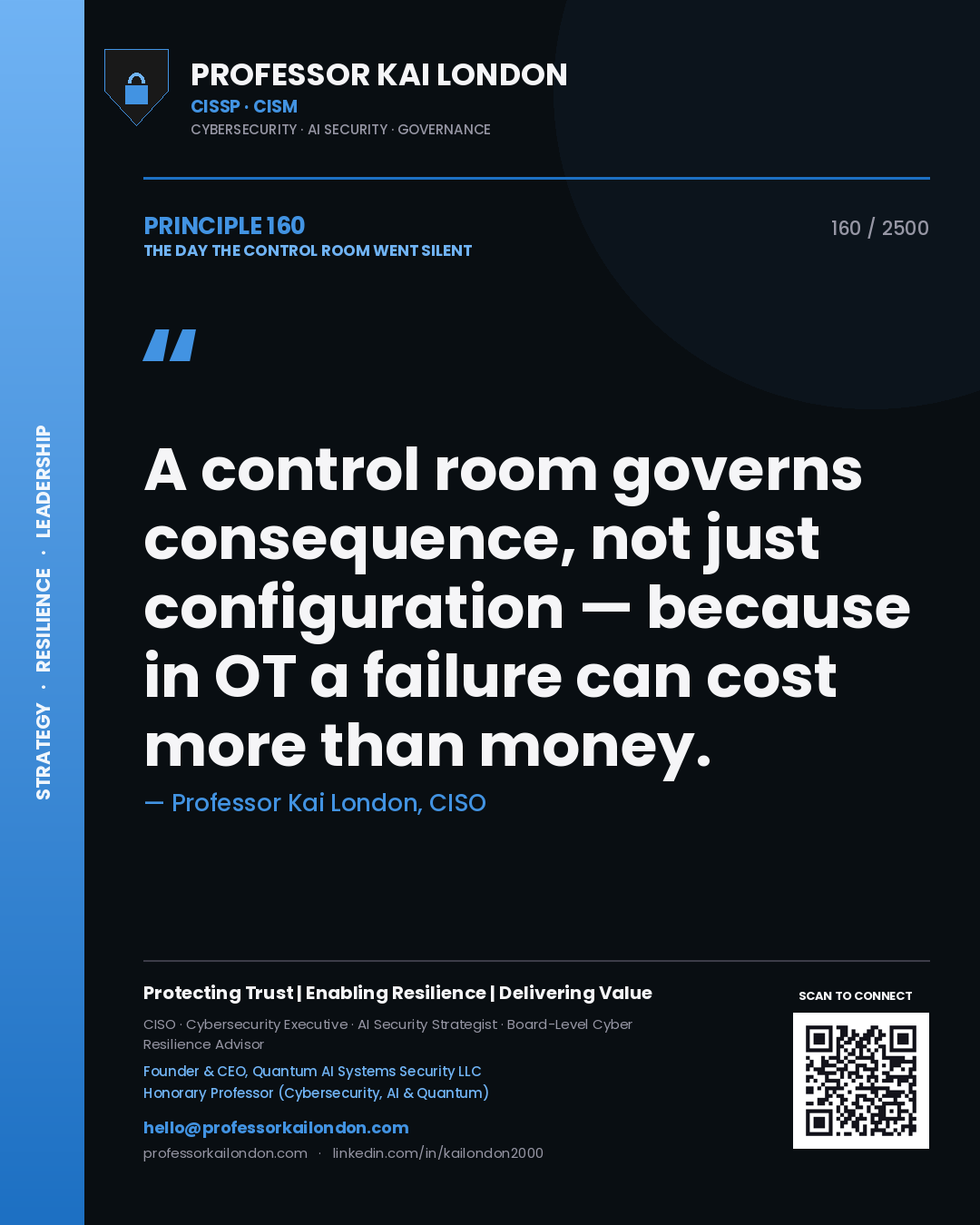 Quote card by Professor Kai London reading 'A control room governs consequence, not just configuration — because in OT a failure can cost more than money.'. From the book The Day the Control Room Went Silent.