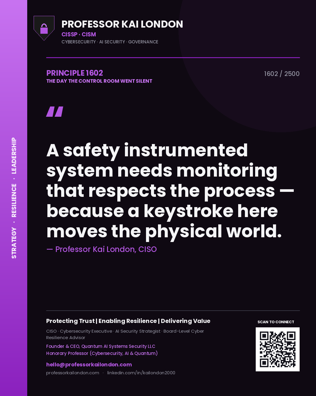 Quote card by Professor Kai London reading 'A safety instrumented system needs monitoring that respects the process — because a keystroke here moves the physical world.'. From the book The Day the Control Room Went Silent.