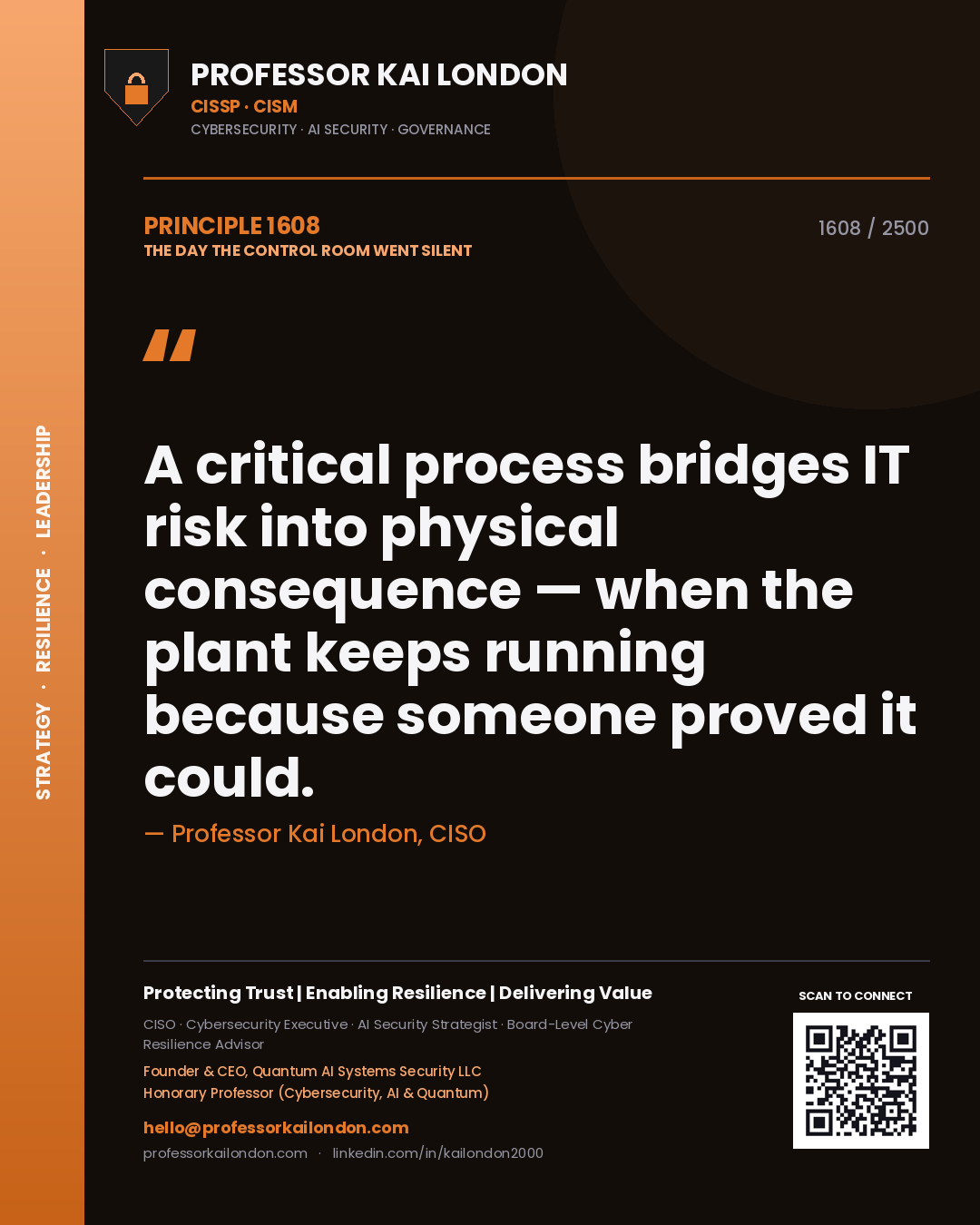 Quote card by Professor Kai London reading 'A critical process bridges IT risk into physical consequence — when the plant keeps running because someone proved it could.'. From the book The Day the Control Room Went Silent.