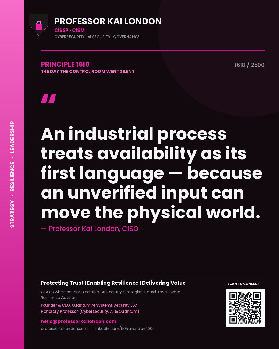 Quote card by Professor Kai London reading 'An industrial process treats availability as its first language — because an unverified input can move the physical world.'. From the book The Day the Control Room Went Silent.
