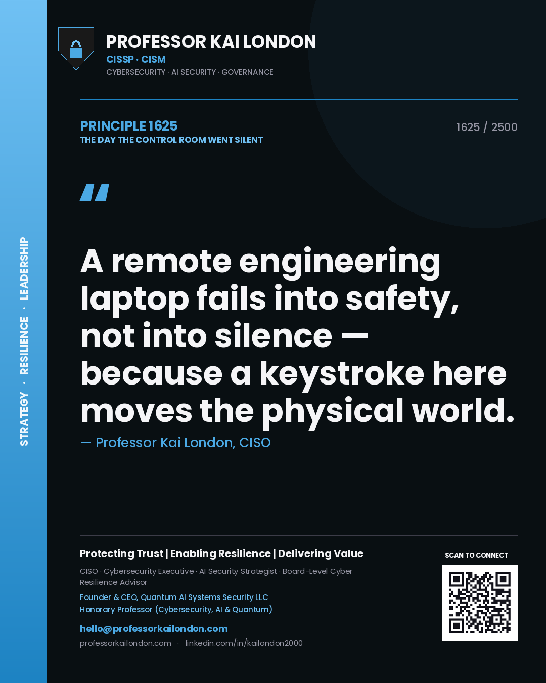Quote card by Professor Kai London reading 'A remote engineering laptop fails into safety, not into silence — because a keystroke here moves the physical world.'. From the book The Day the Control Room Went Silent.