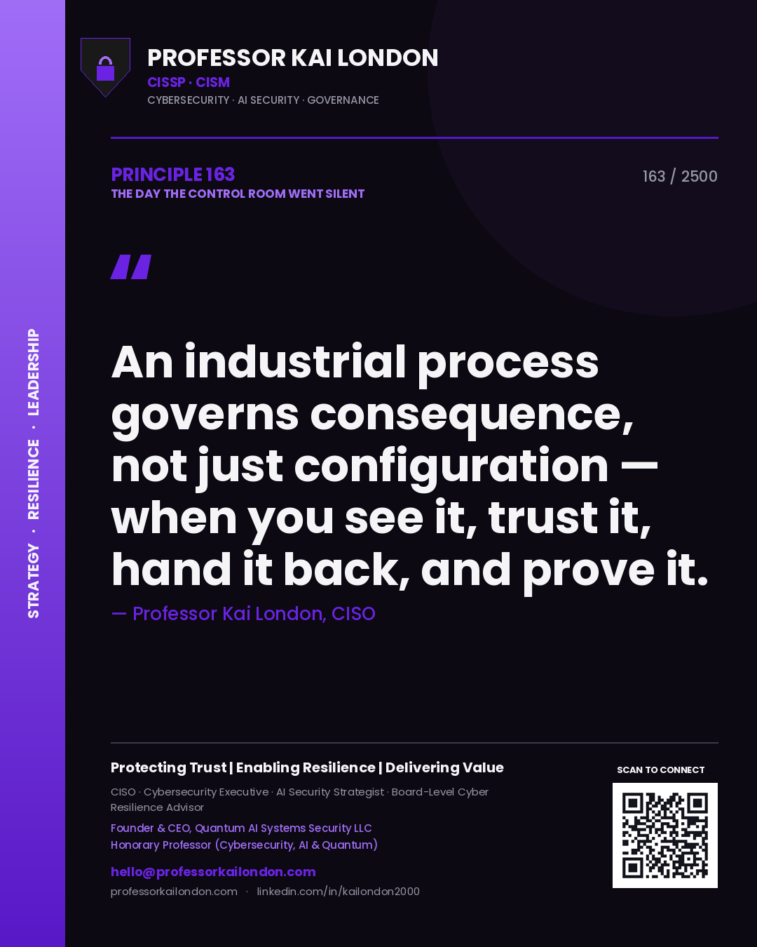 Professor Kai London principle 163: An industrial process governs consequence, not just configuration — when you see it, trust it, hand it back, and prove it.
