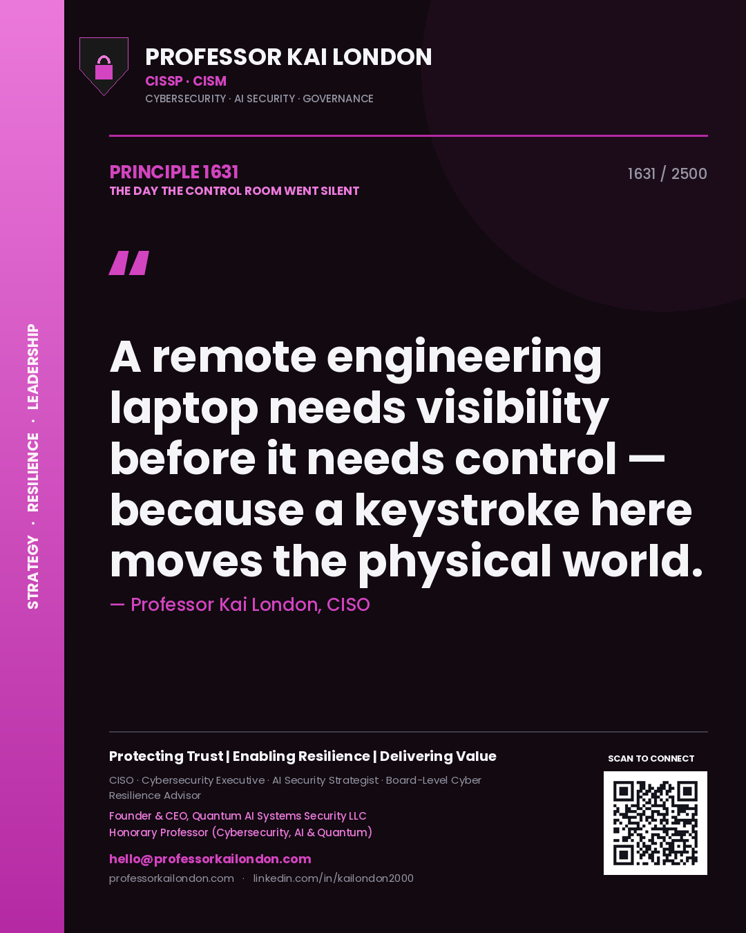 Quote card by Professor Kai London reading 'A remote engineering laptop needs visibility before it needs control — because a keystroke here moves the physical world.'. From the book The Day the Control Room Went Silent.