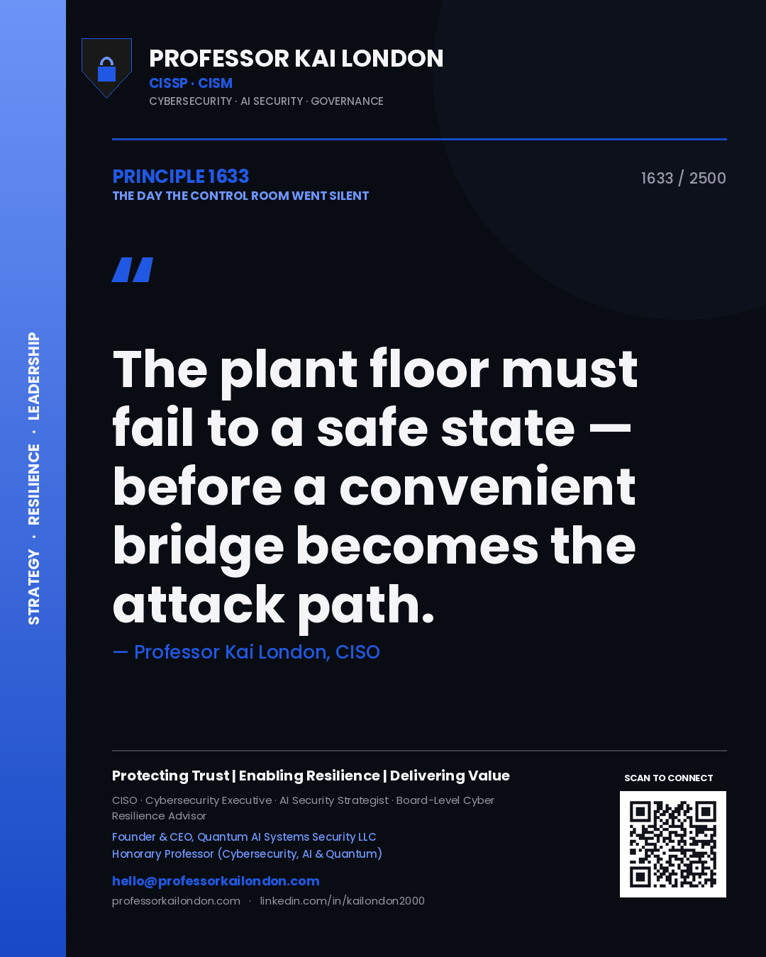 Quote card by Professor Kai London reading 'The plant floor must fail to a safe state — before a convenient bridge becomes the attack path.'. From the book The Day the Control Room Went Silent.