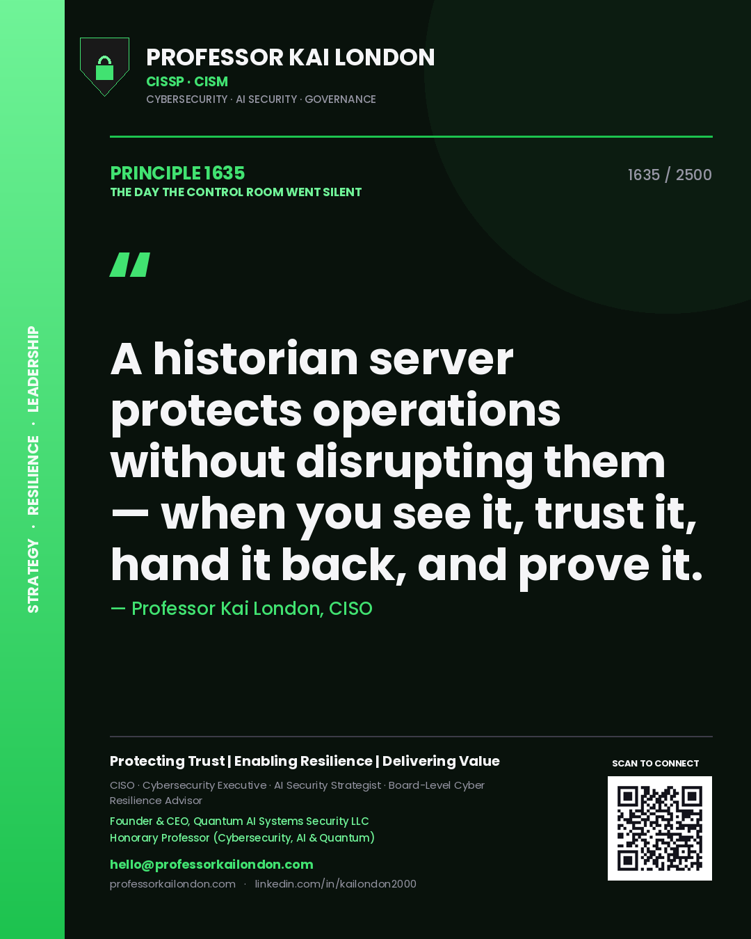 Professor Kai London principle 1635: A historian server protects operations without disrupting them — when you see it, trust it, hand it back, and prove it.