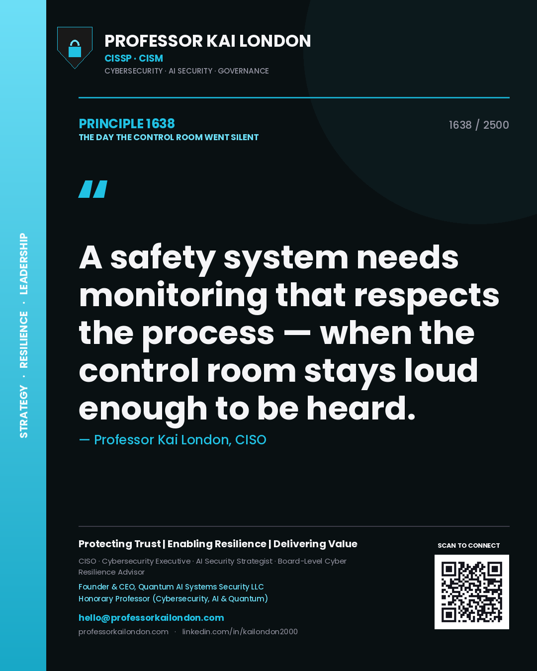 Quote card by Professor Kai London reading 'A safety system needs monitoring that respects the process — when the control room stays loud enough to be heard.'. From the book The Day the Control Room Went Silent.