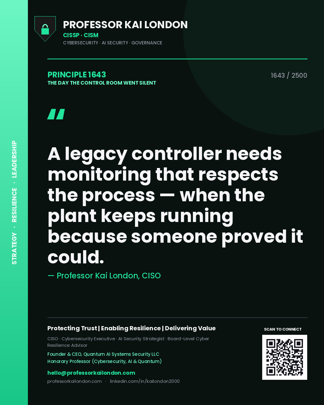 Quote card by Professor Kai London reading 'A legacy controller needs monitoring that respects the process — when the plant keeps running because someone proved it could.'. From the book The Day the Control Room Went Silent.
