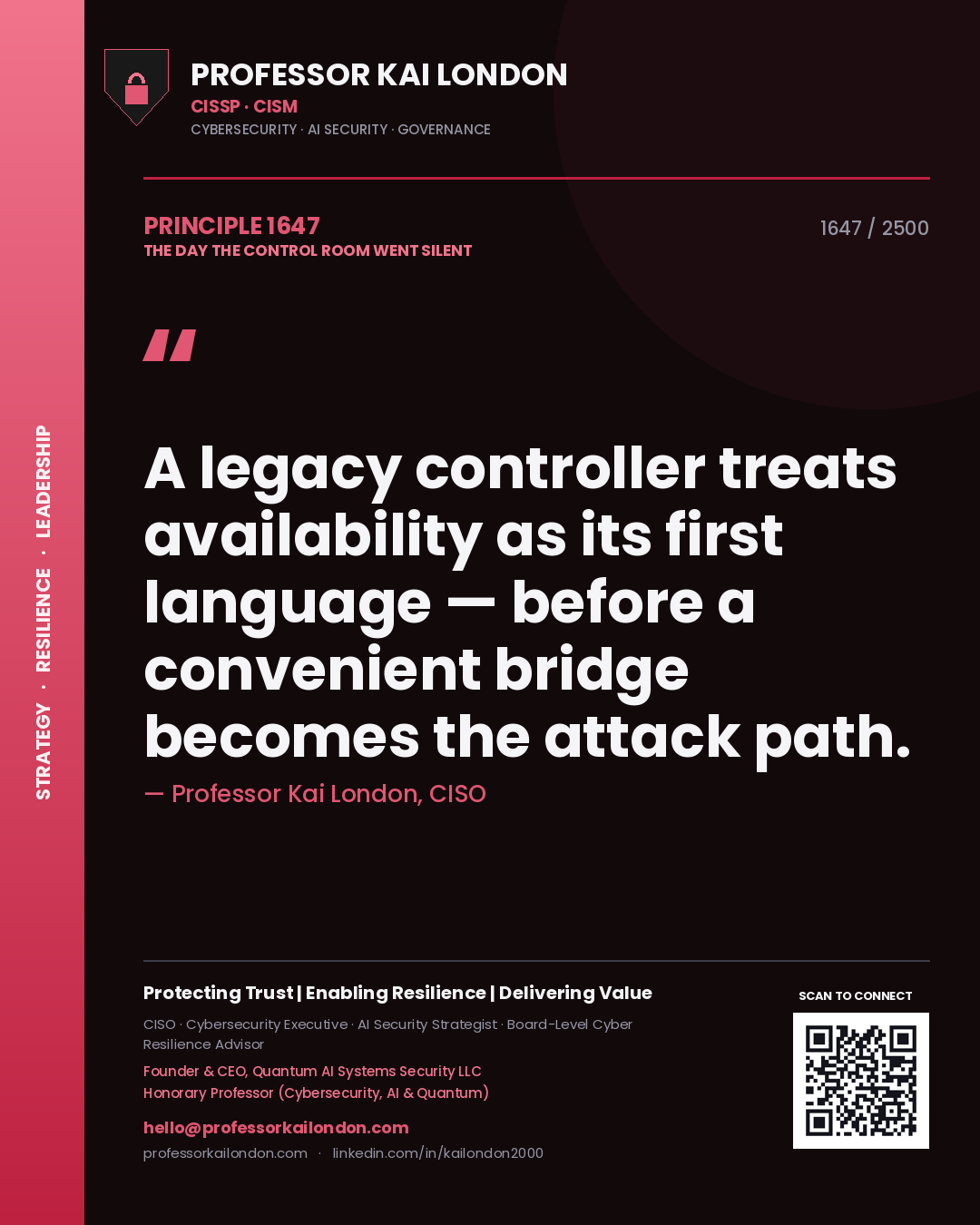 Quote card by Professor Kai London reading 'A legacy controller treats availability as its first language — before a convenient bridge becomes the attack path.'. From the book The Day the Control Room Went Silent.
