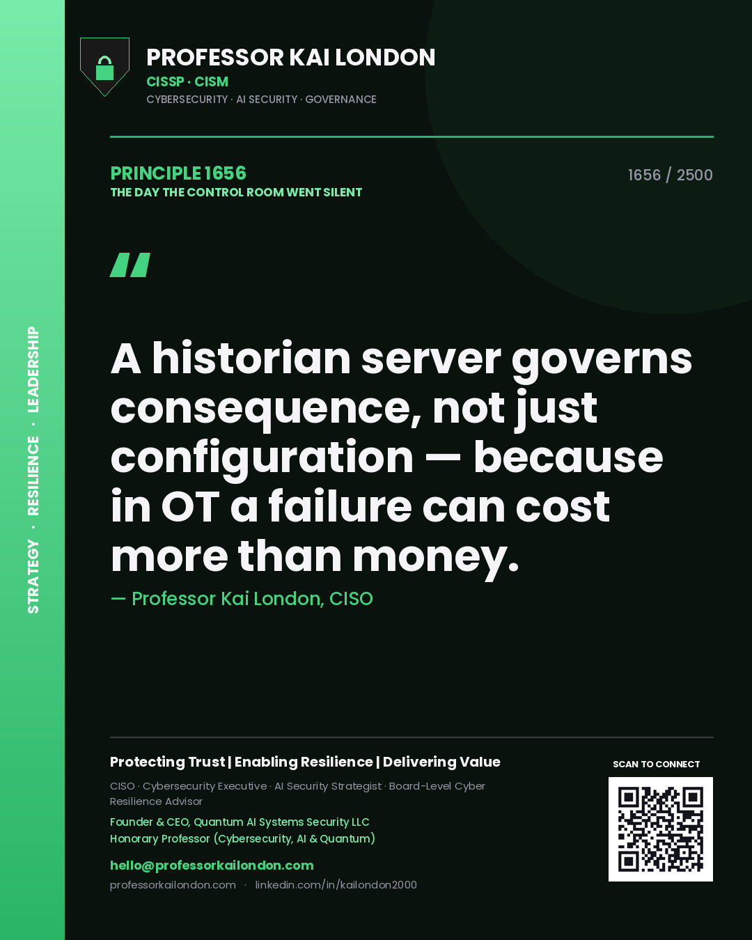 Quote card by Professor Kai London reading 'A historian server governs consequence, not just configuration — because in OT a failure can cost more than money.'. From the book The Day the Control Room Went Silent.