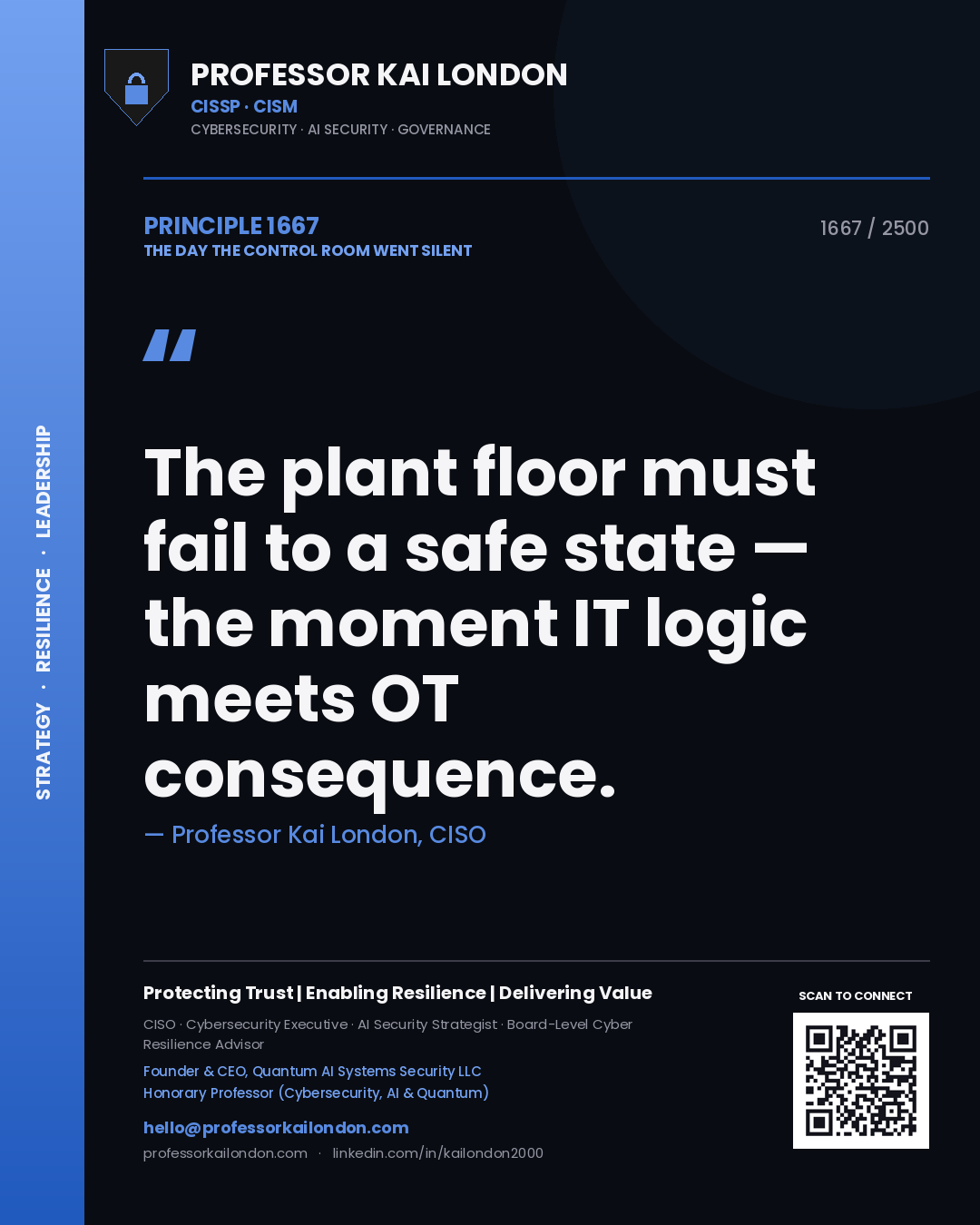 Quote card by Professor Kai London reading 'The plant floor must fail to a safe state — the moment IT logic meets OT consequence.'. From the book The Day the Control Room Went Silent.