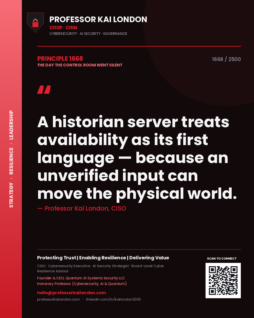 Quote card by Professor Kai London reading 'A historian server treats availability as its first language — because an unverified input can move the physical world.'. From the book The Day the Control Room Went Silent.