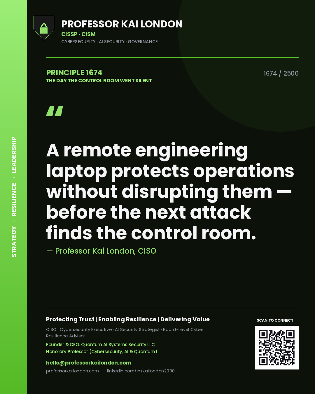 Quote card by Professor Kai London reading 'A remote engineering laptop protects operations without disrupting them — before the next attack finds the control room.'. From the book The Day the Control Room Went Silent.