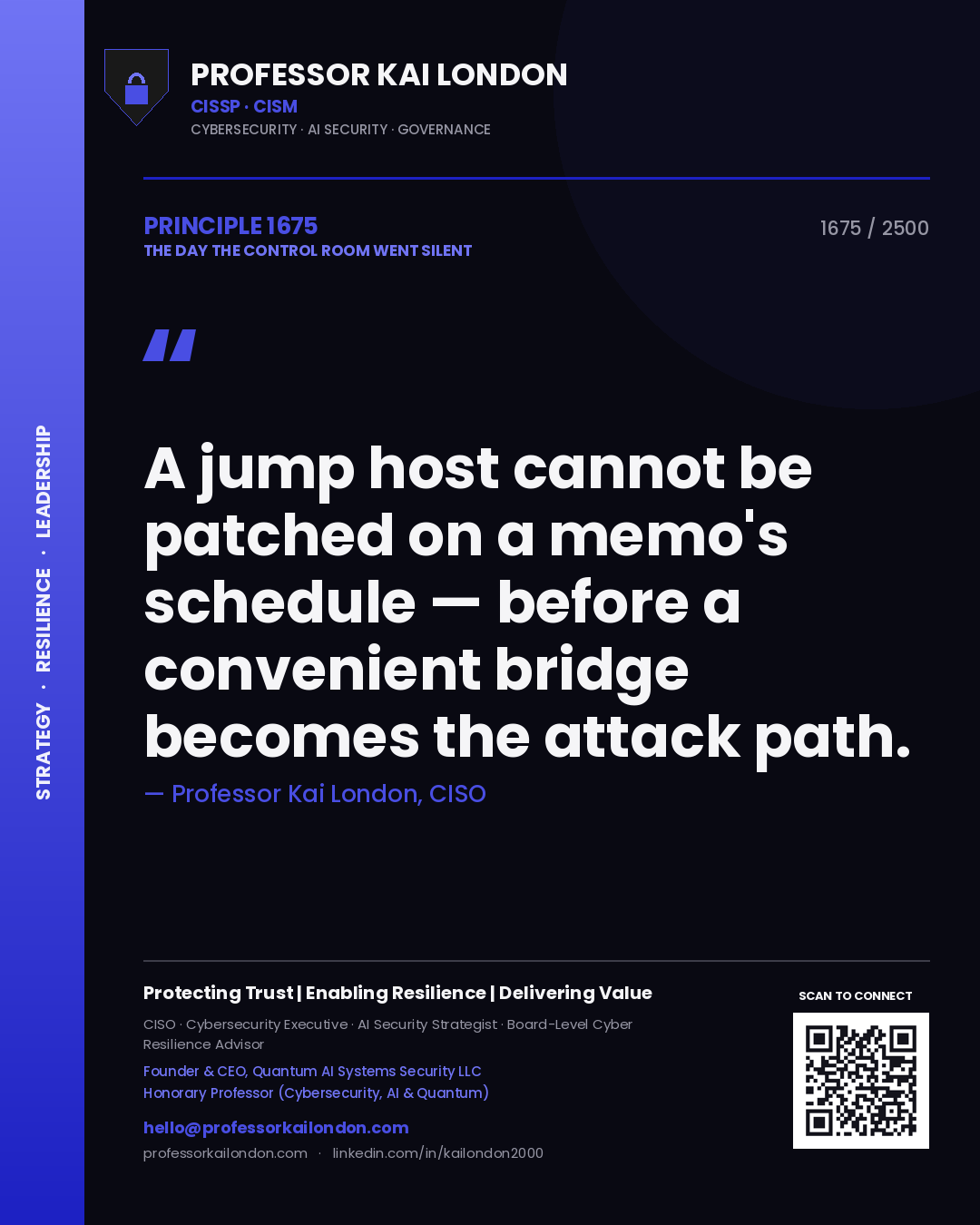Quote card by Professor Kai London reading 'A jump host cannot be patched on a memo's schedule — before a convenient bridge becomes the attack path.'. From the book The Day the Control Room Went Silent.