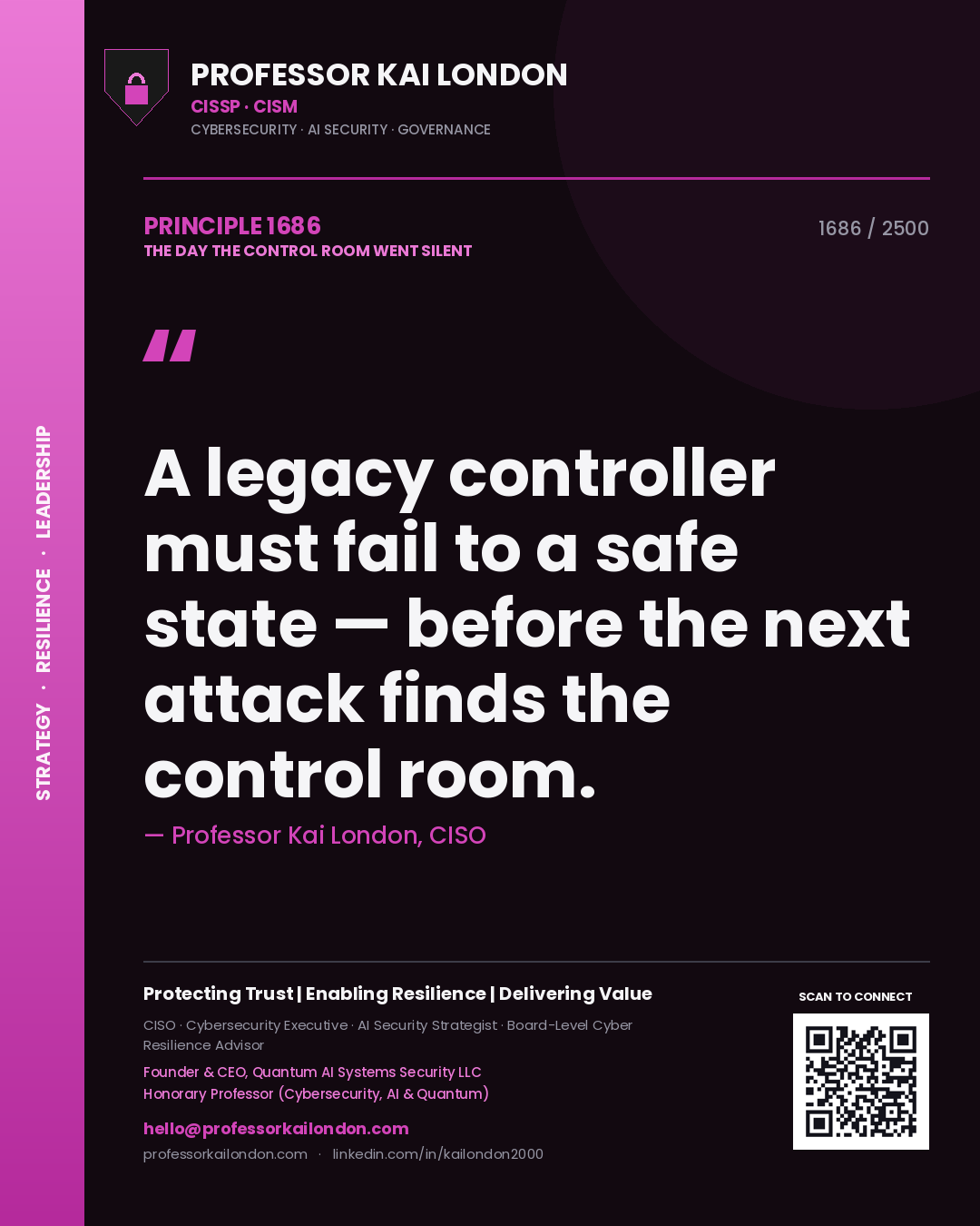Quote card by Professor Kai London reading 'A legacy controller must fail to a safe state — before the next attack finds the control room.'. From the book The Day the Control Room Went Silent.