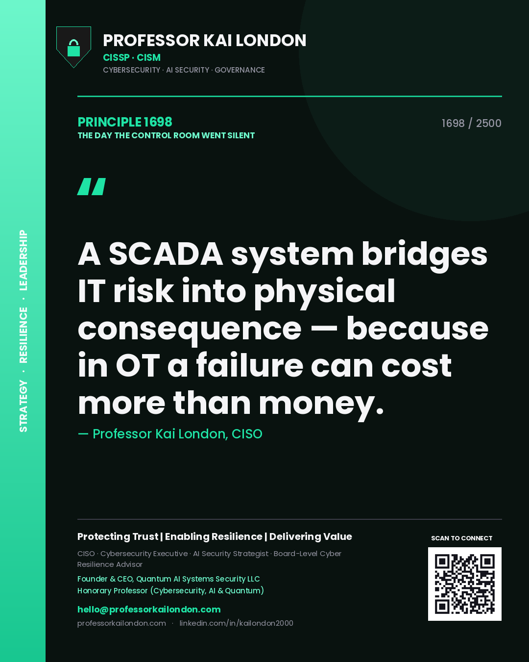 Quote card by Professor Kai London reading 'A SCADA system bridges IT risk into physical consequence — because in OT a failure can cost more than money.'. From the book The Day the Control Room Went Silent.