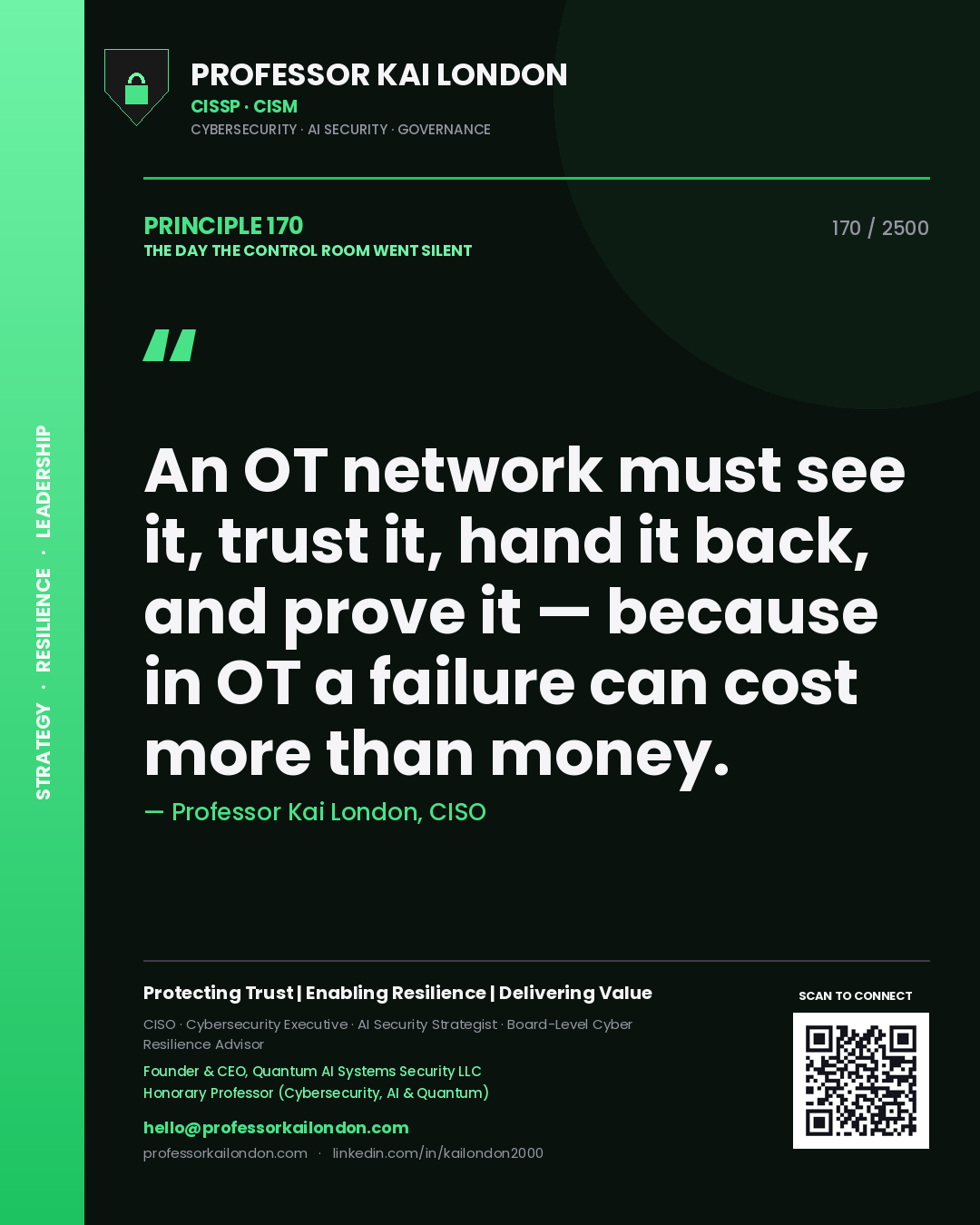 Professor Kai London principle 170: An OT network must see it, trust it, hand it back, and prove it — because in OT a failure can cost more than money.