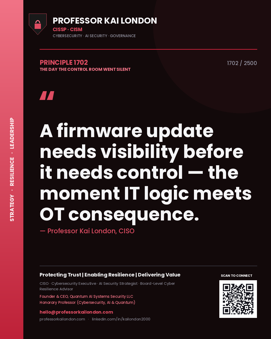 Quote card by Professor Kai London reading 'A firmware update needs visibility before it needs control — the moment IT logic meets OT consequence.'. From the book The Day the Control Room Went Silent.