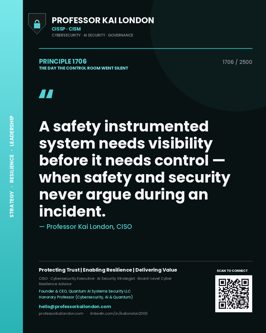 Quote card by Professor Kai London reading 'A safety instrumented system needs visibility before it needs control — when safety and security never argue during an incident.'. From the book The Day the Control Room Went Silent.